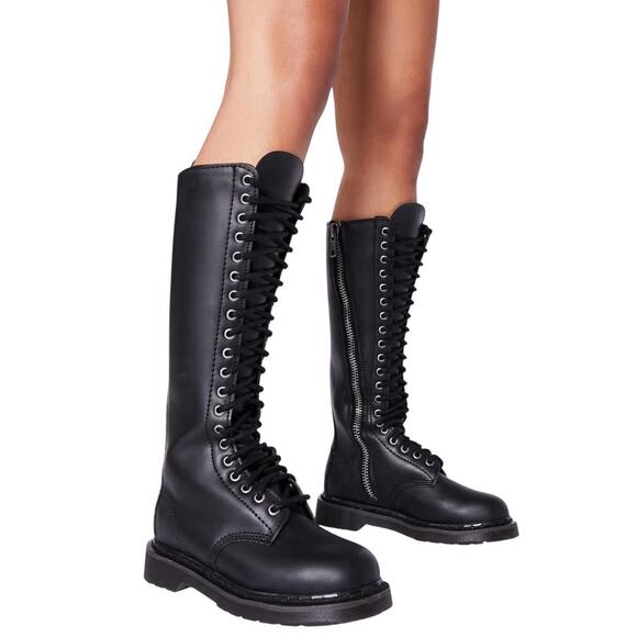 Demonia Unisex Size 10 Black Solid Leather Knee High Lace Up Lugged Sole Boot - Picture 1 of 12